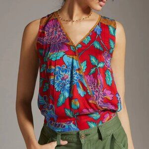 Anthropologie Tiny Rain Scarf Wrap Top Size XS Red Floral Sleeveless Lace Pleats